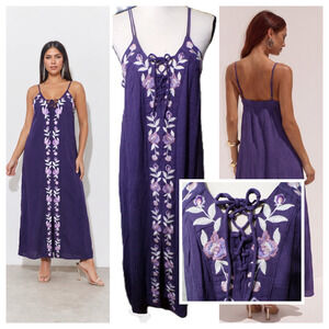 Y2k Miami Maxi Dress L Purple pink Embroidered Floral Corset Fairy‎ Whimsigoth